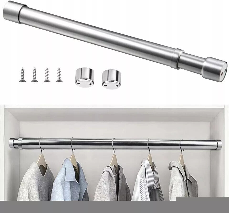 The polished silver telescopic rod with its flange sockets and fixing screws, above a view of the rail installed in a light-coloured wardrobe holding shirts on hangers.