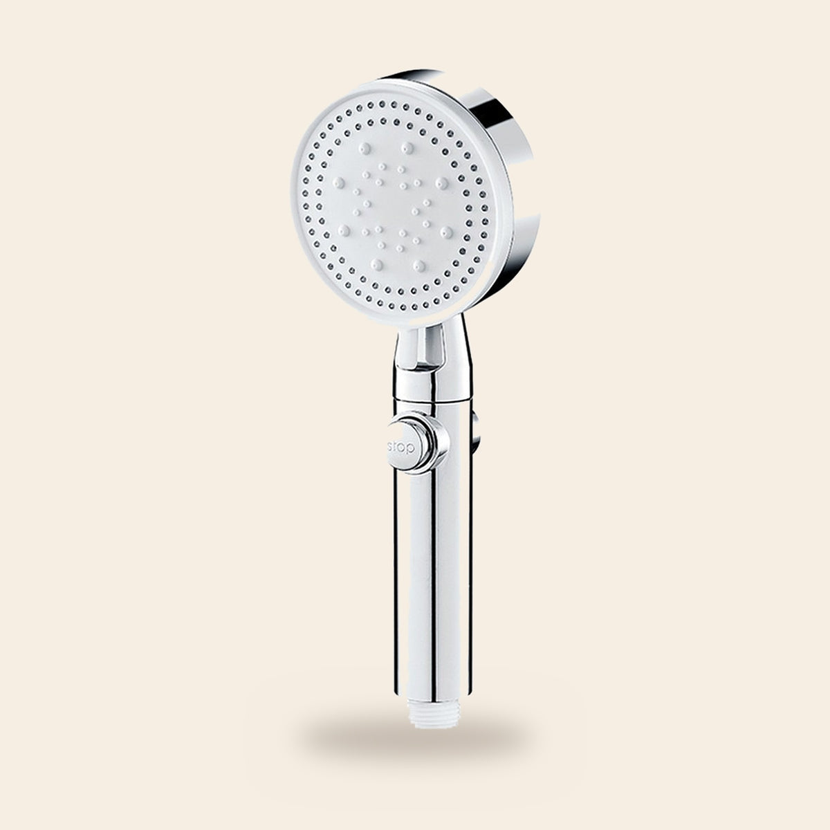Side view of the silver handheld shower head, showing the round spray face and the handle