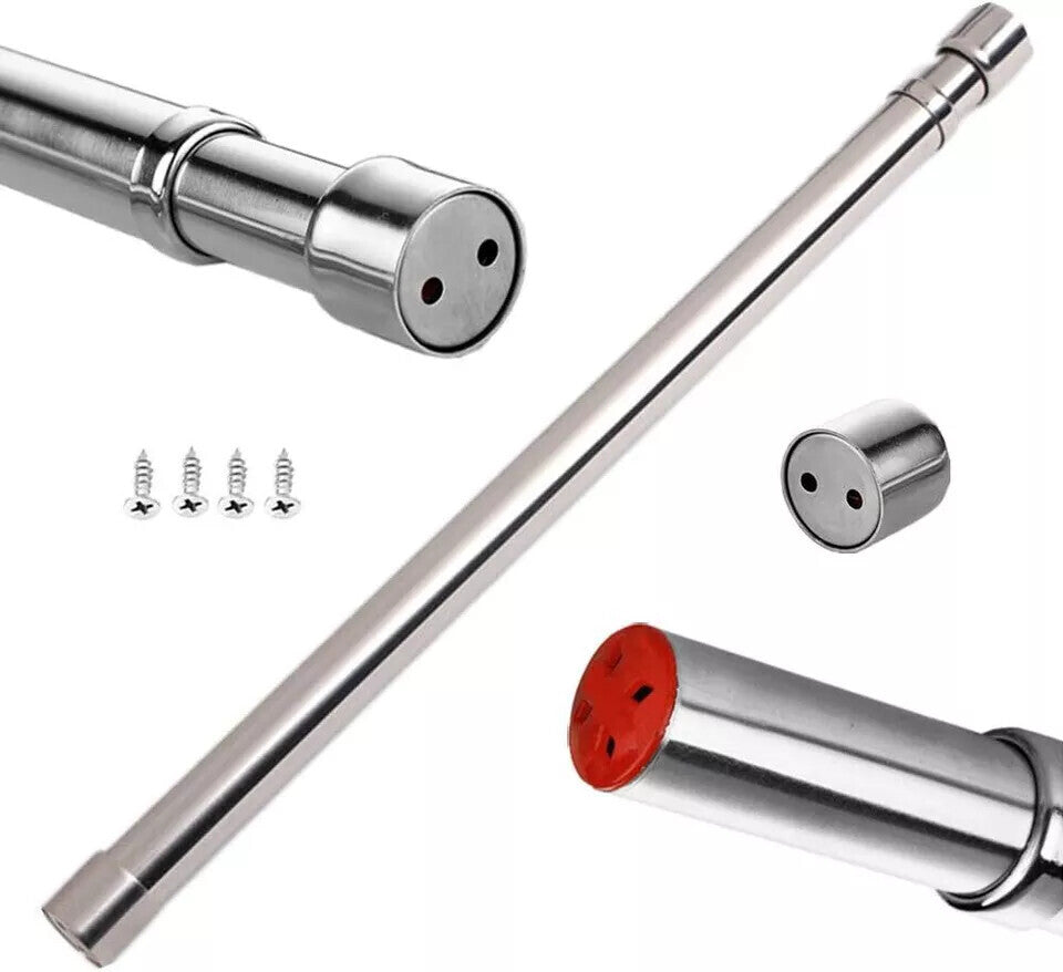Close-up of the rail's parts: the polished rod, a round flange socket with two screw holes, fixing screws, and the open end of the tube showing its red inner sleeve.