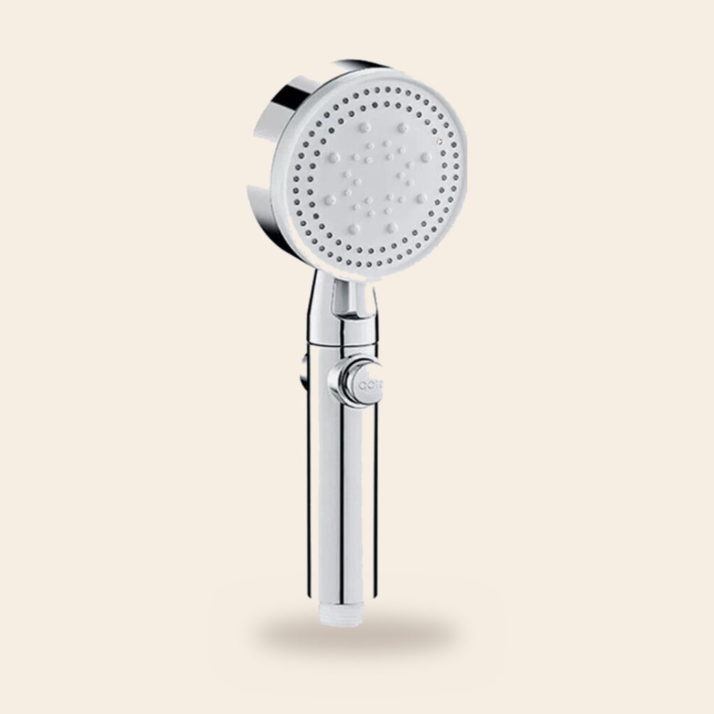 The round spray face of the shower head seen straight on, silver, with its nozzles