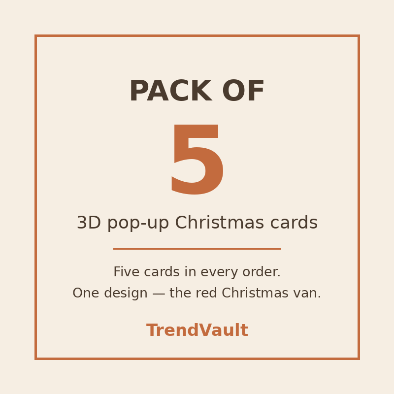 Pack of 5 — every order contains five 3D pop-up Christmas cards of this one red van design