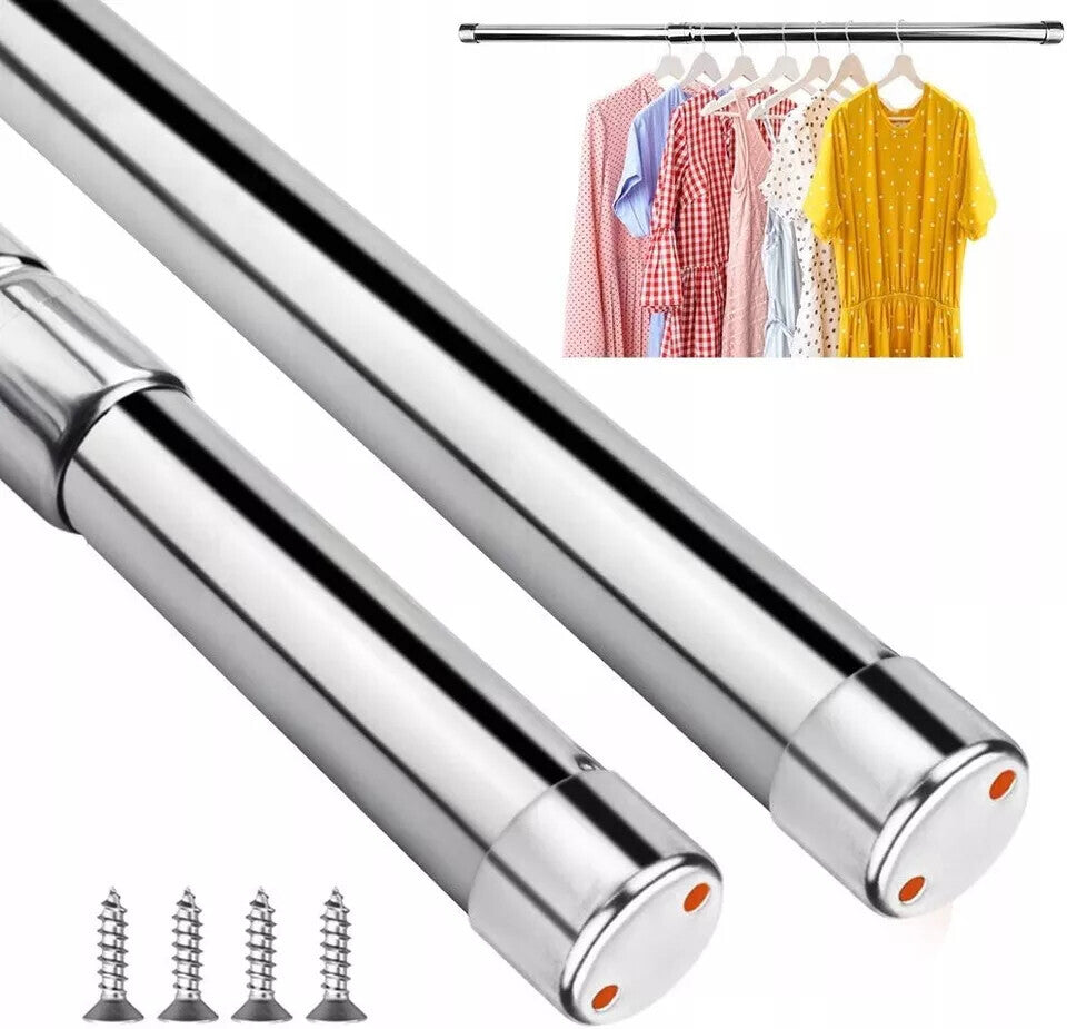 Two sections of the polished rod with their end caps, beside the fixing screws, with a smaller picture of the assembled rail holding clothes on hangers.