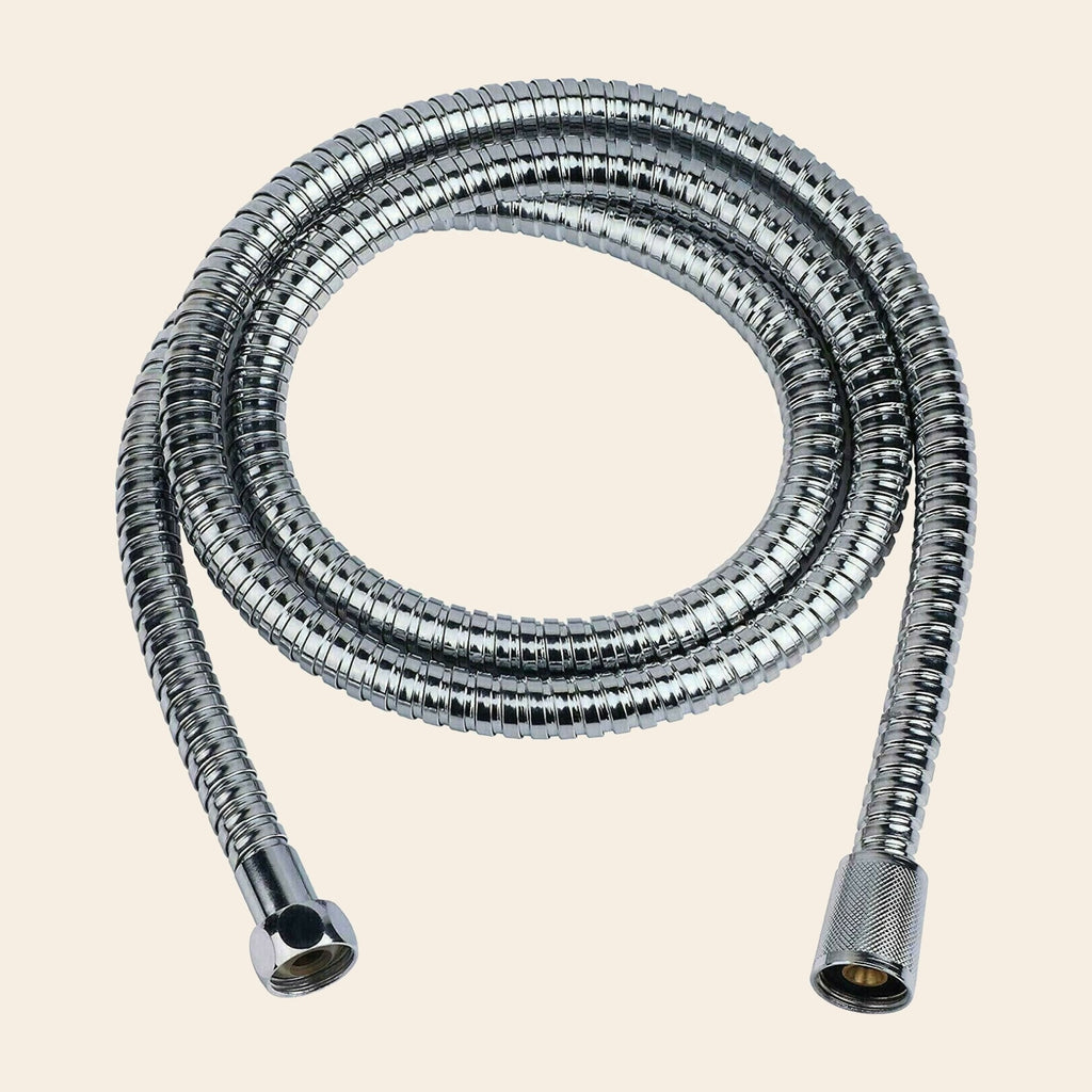The 1.5 m silver hose that comes with the shower head, shown on its own