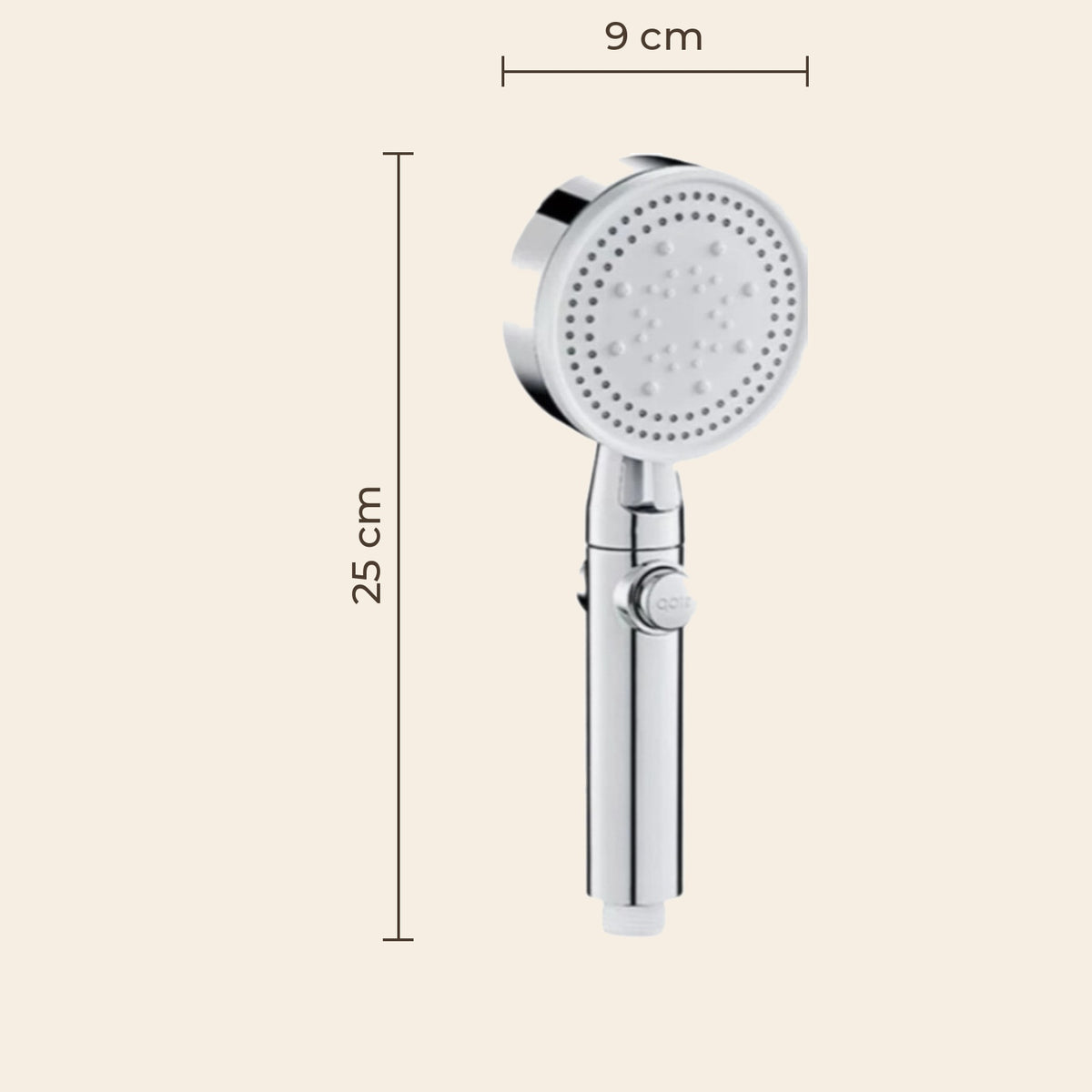 Size reference for the handheld shower head, marked 25 cm and 9 cm