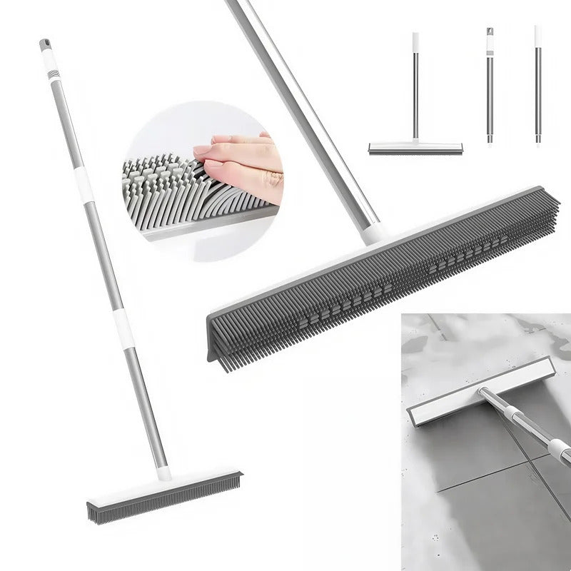 Carpet rake with squeegee edge shown from two angles, with close-ups of the soft bristle head, the three-piece handle and the squeegee wiping a tiled floor.
