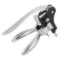 Rabbit lever corkscrew wine bottle opener in silver and black, shown open on a plain white background