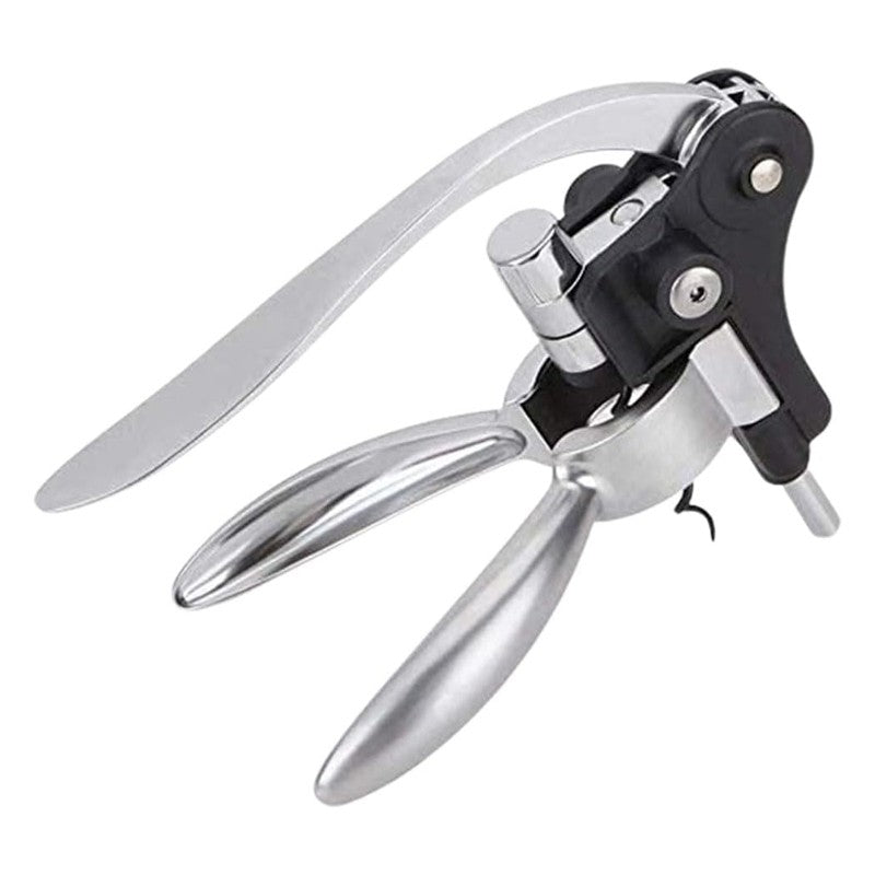 Rabbit lever corkscrew wine bottle opener in silver and black, shown open on a plain white background