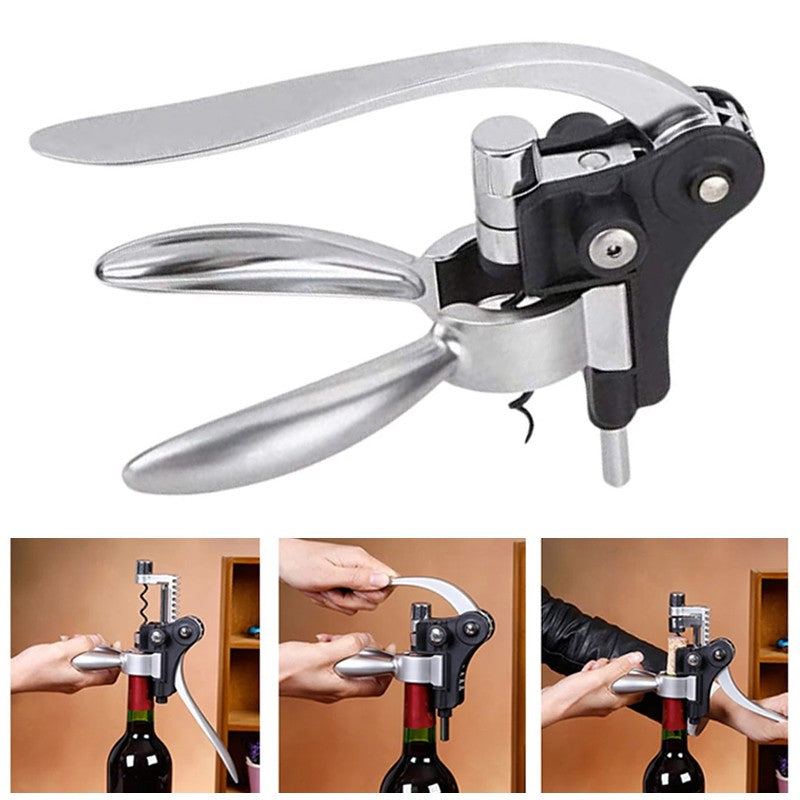 Side view of the lever corkscrew above a three-step sequence showing it opening a wine bottle