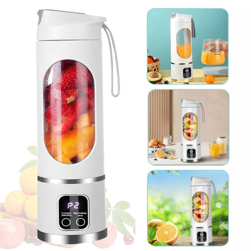 Portable blender in white with fresh strawberries and fruit in the cup, shown with small lifestyle insets