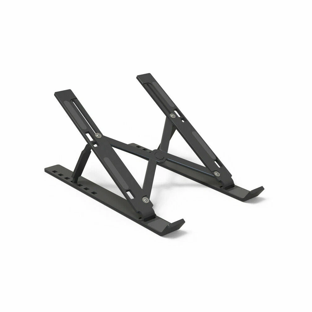 Black foldable laptop stand, unfolded and empty, shown at a three-quarter angle on a plain white background, with silver screws and slotted base rails.