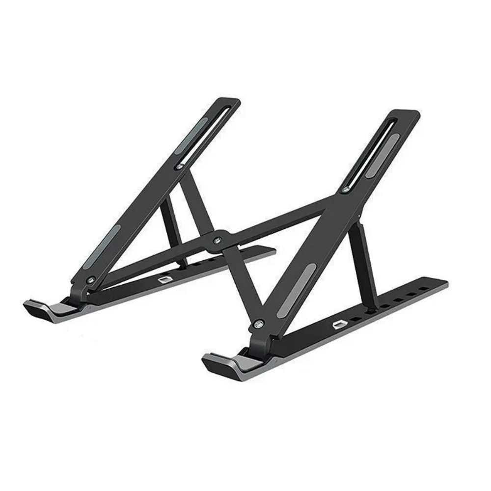 Black foldable laptop stand, unfolded and empty, shown from the side on a plain white background, with grey anti-slip pads on its support arms.