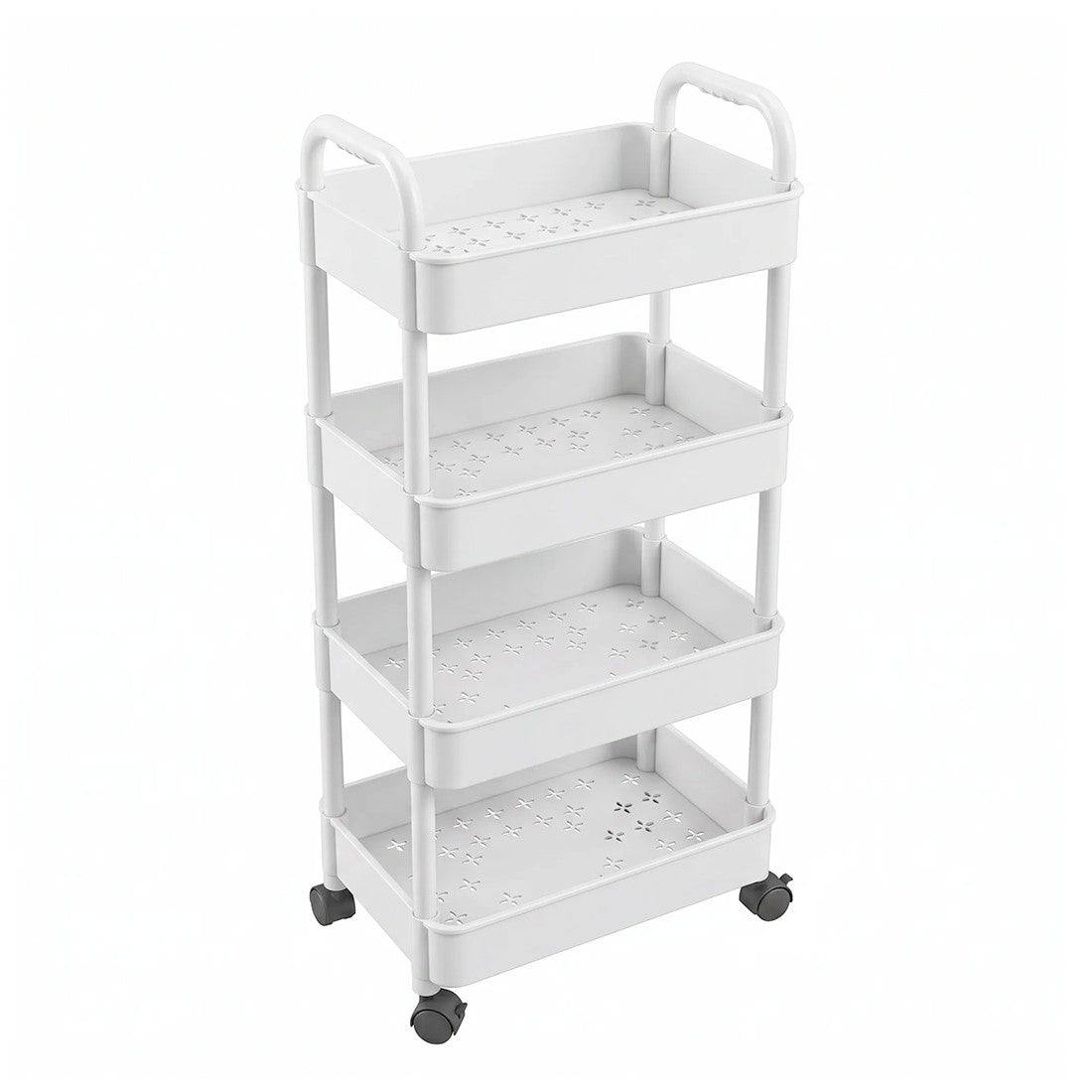 White four-tier trolley on four wheels, empty, photographed against a plain white background.