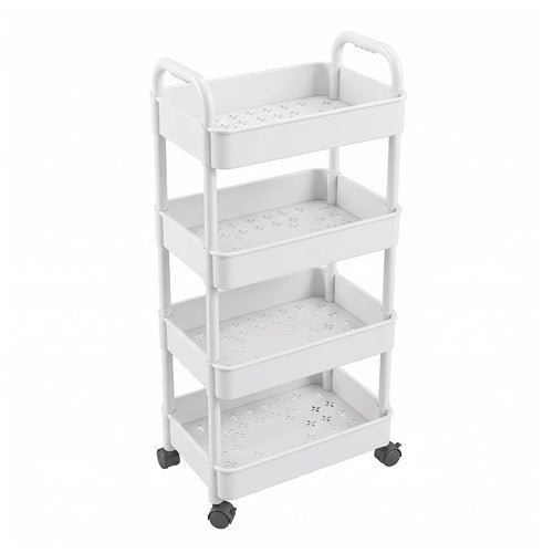 White four-tier trolley on four wheels, empty, photographed against a plain white background.