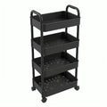 Black four-tier trolley on four wheels, empty, photographed against a plain white background.