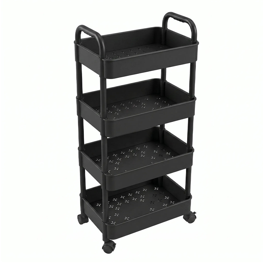 Black four-tier trolley on four wheels, empty, photographed against a plain white background.