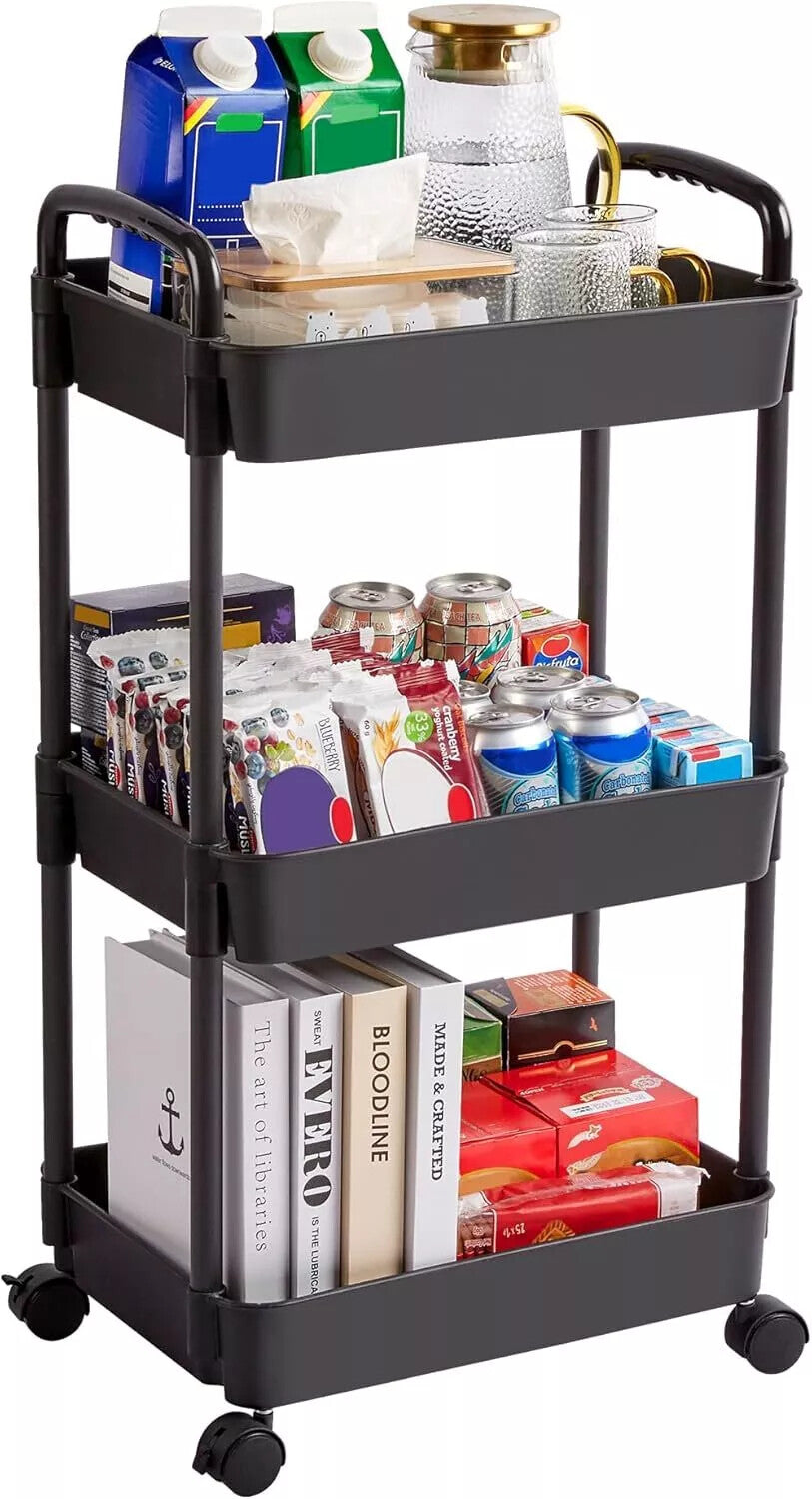 Black three-tier trolley seen from the front, tiers holding drinks cartons and books.