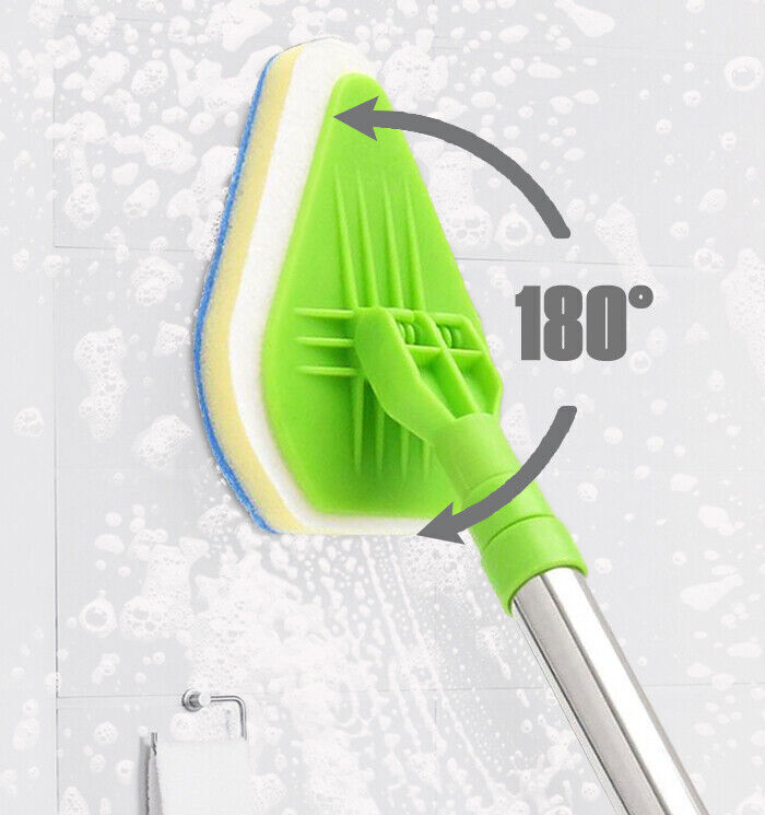 Sponge head angled against a soapy tiled wall, showing 180 degree multi-directional cleaning into a corner
